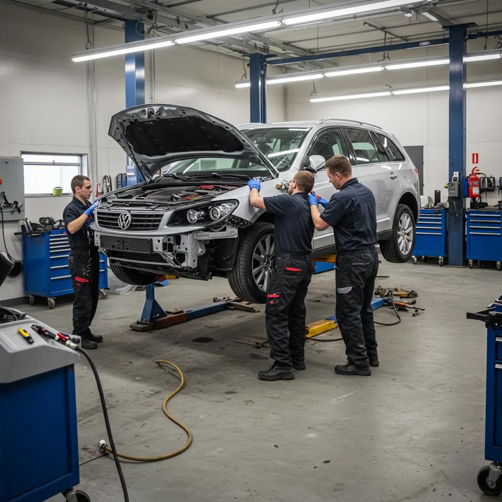 Auto body repair shop with technicians working on a vehicle, illustrating the collision repair process
