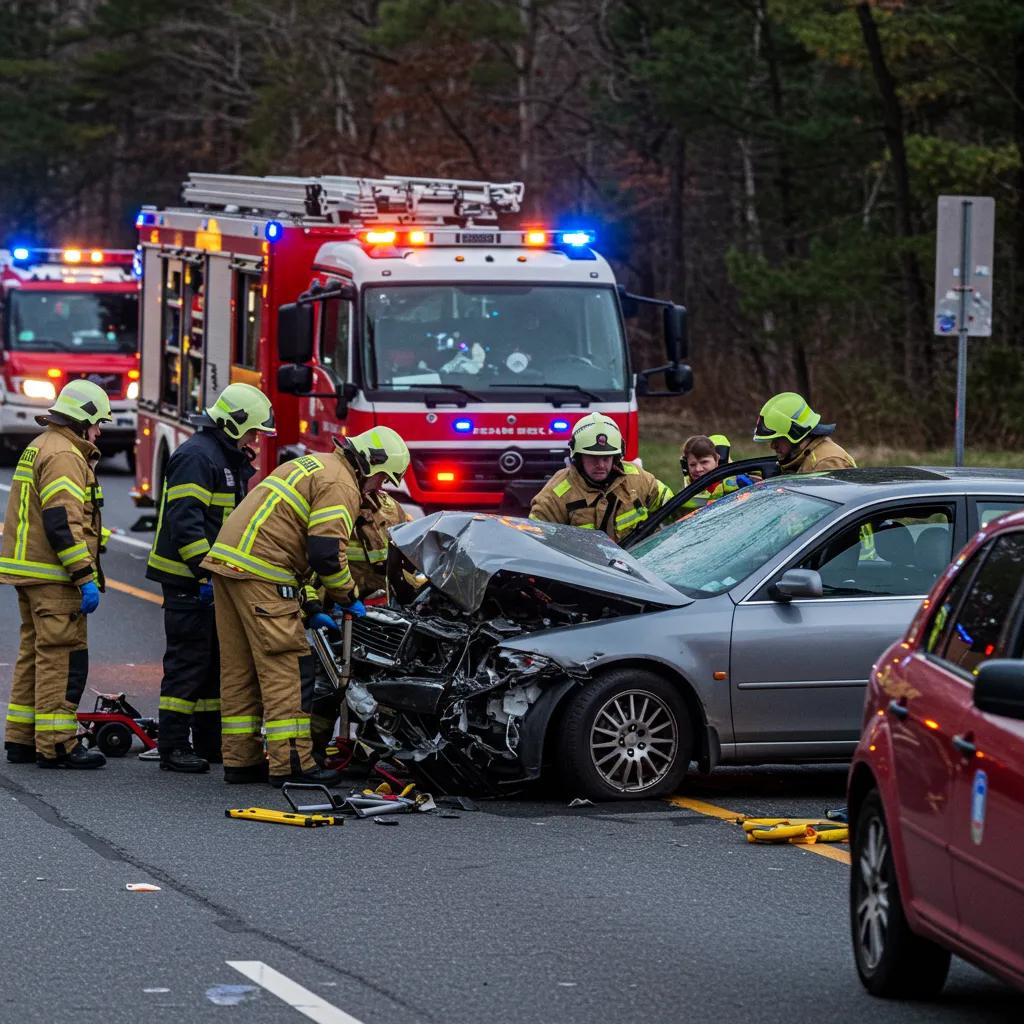 Car accident scene with emergency responders assisting, highlighting safety and immediate response