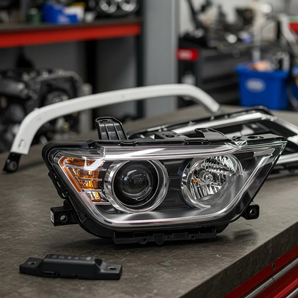 High-quality OEM car parts displayed on a workbench emphasizing precision and reliability