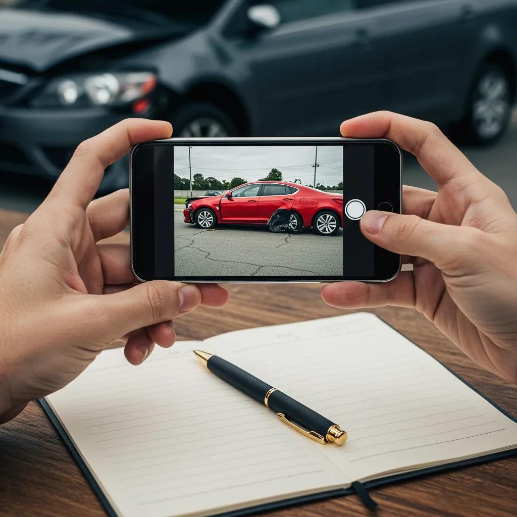 Individual documenting a car accident with a smartphone, focusing on evidence collection for claims