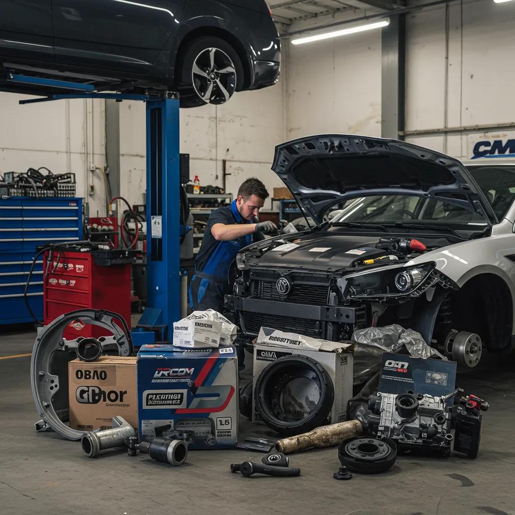 Mechanic in a collision repair shop working with OEM and aftermarket car parts