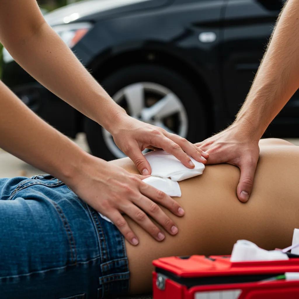 Person providing first aid at a car accident scene, emphasizing injury assessment and care