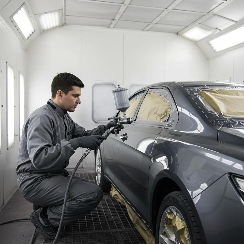 Technician applying paint in a spray booth, illustrating the automotive painting and refinishing process