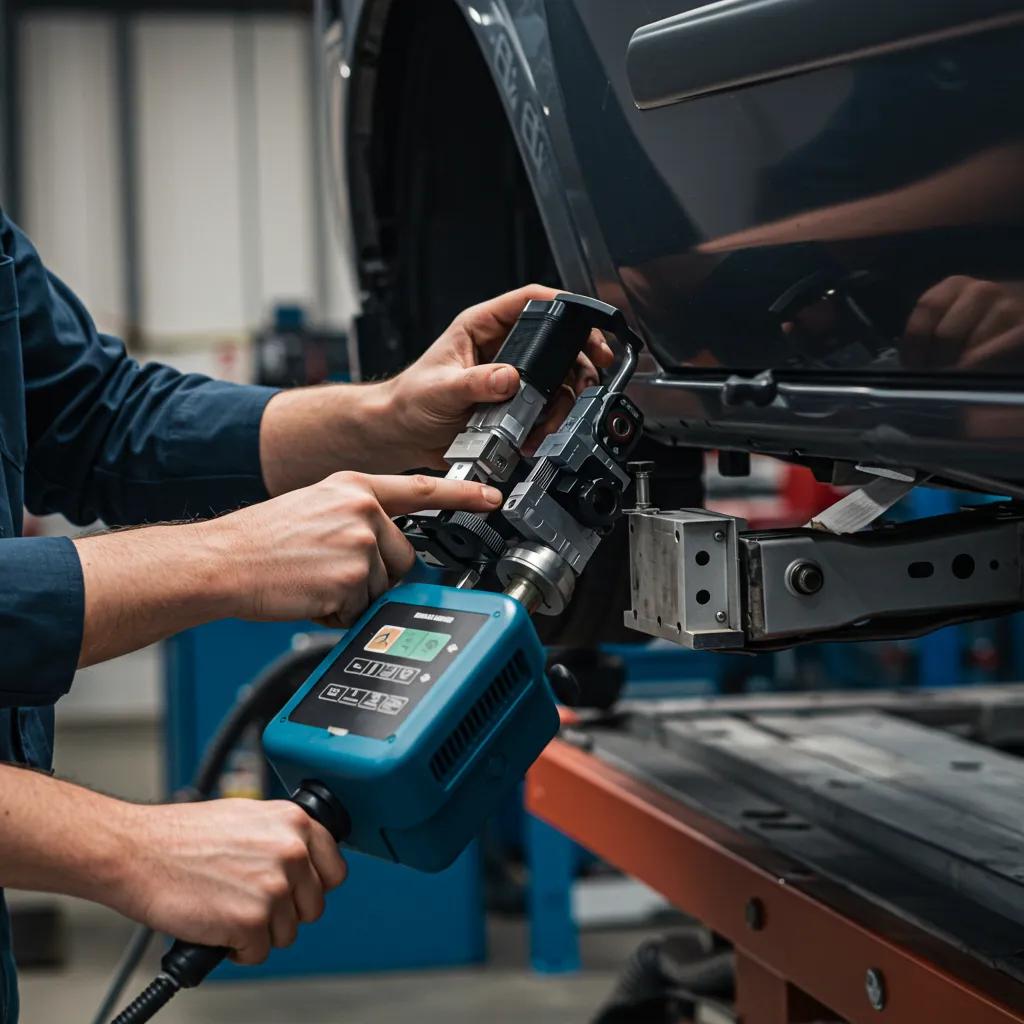 Technician using a frame machine for structural repairs on a vehicle, highlighting the collision repair process