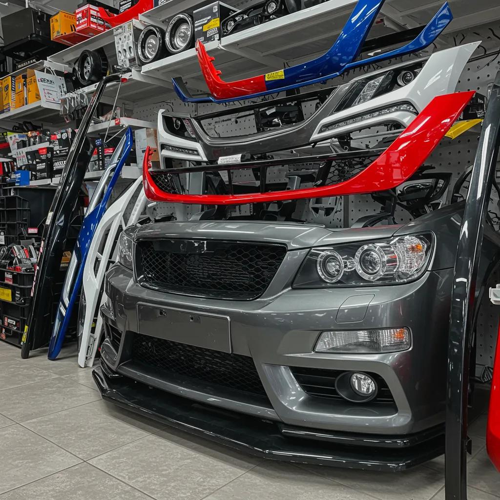 Variety of colorful aftermarket car parts displayed in an auto parts store